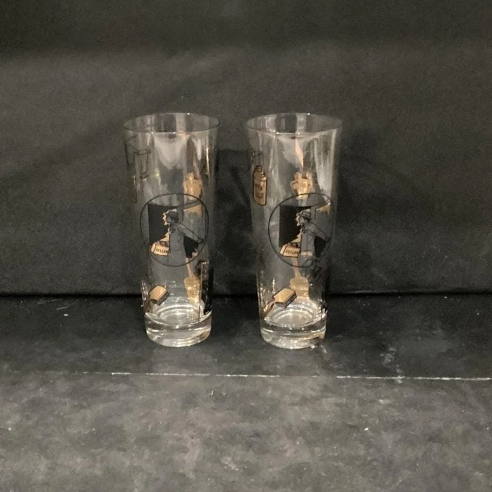 Fuller Brush Swanky Swig Tumblers, Set of 2, Vintage Black Gold Highball Glasses